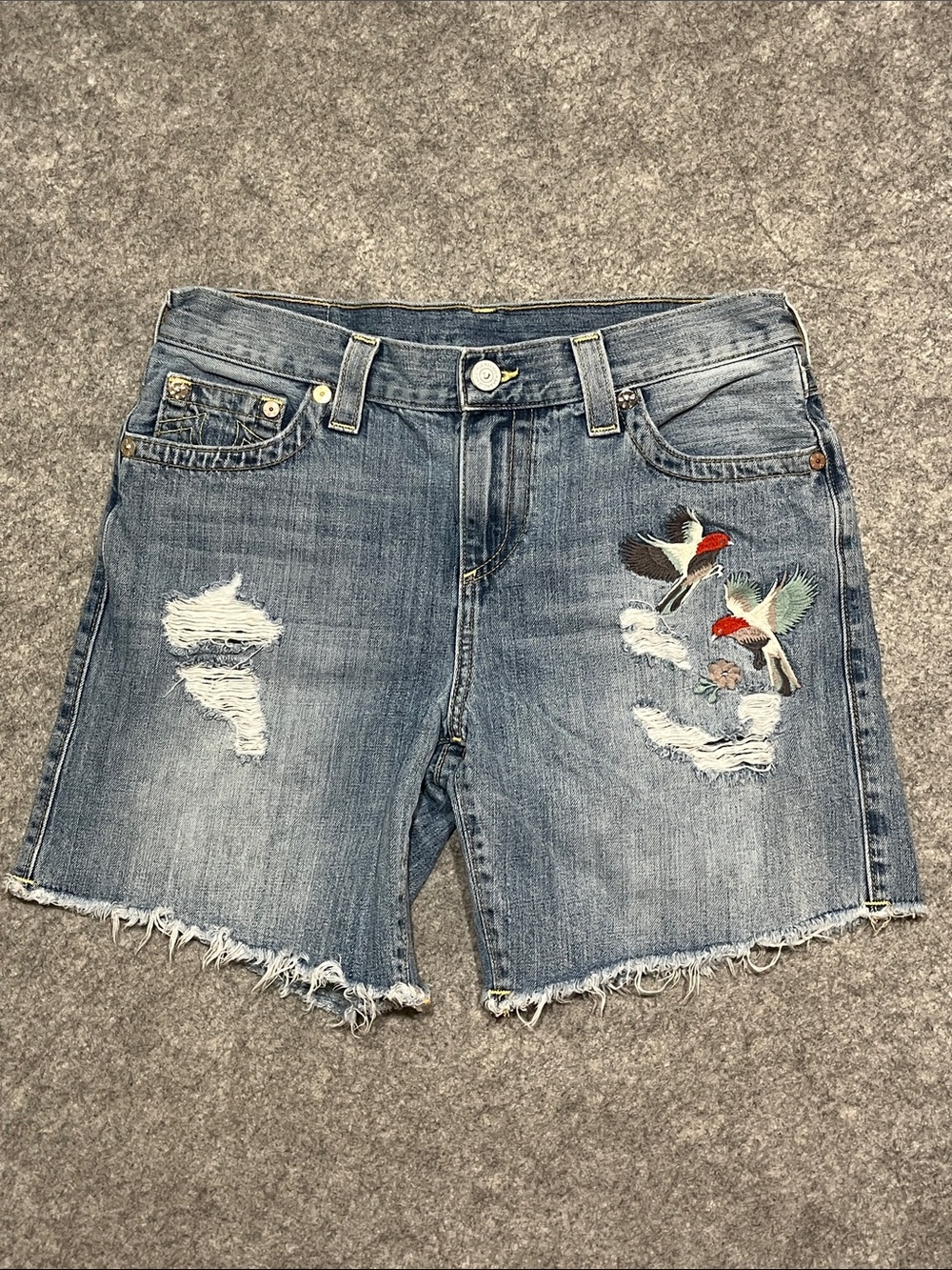 True Religion “Jayde” Embroidered Bird Distressed Light Blue Denim Shorts